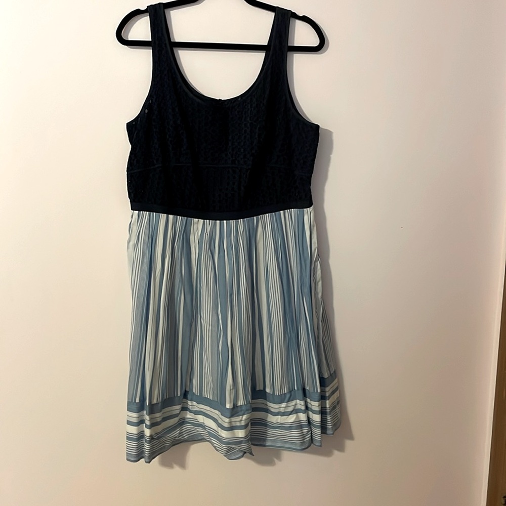 Never worn Loft dress. Mixes of blues and textured top. Scoop neck. Size 14.